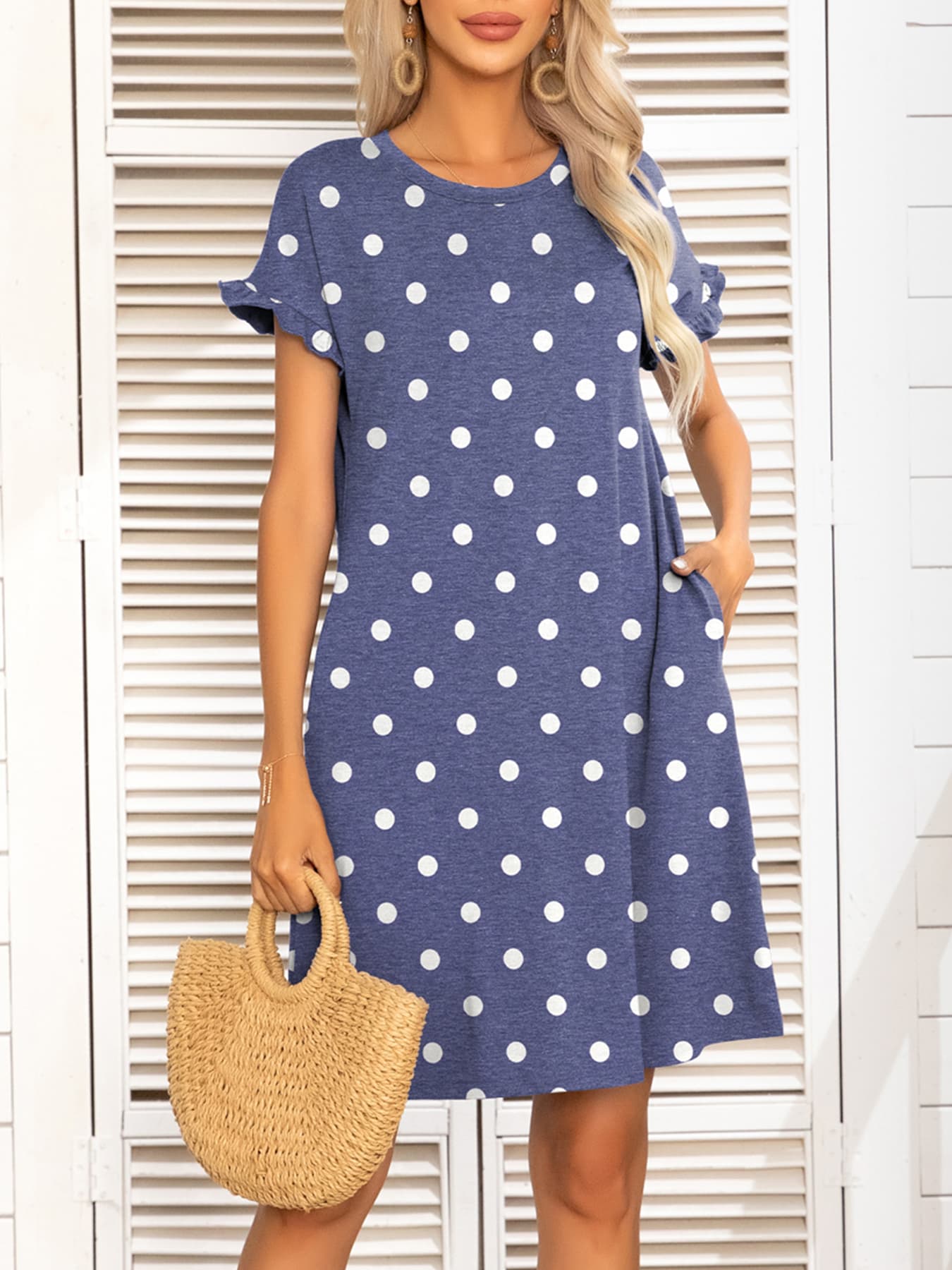 Round Neck Flounce Sleeve Dress with Pockets BLUE ZONE PLANET