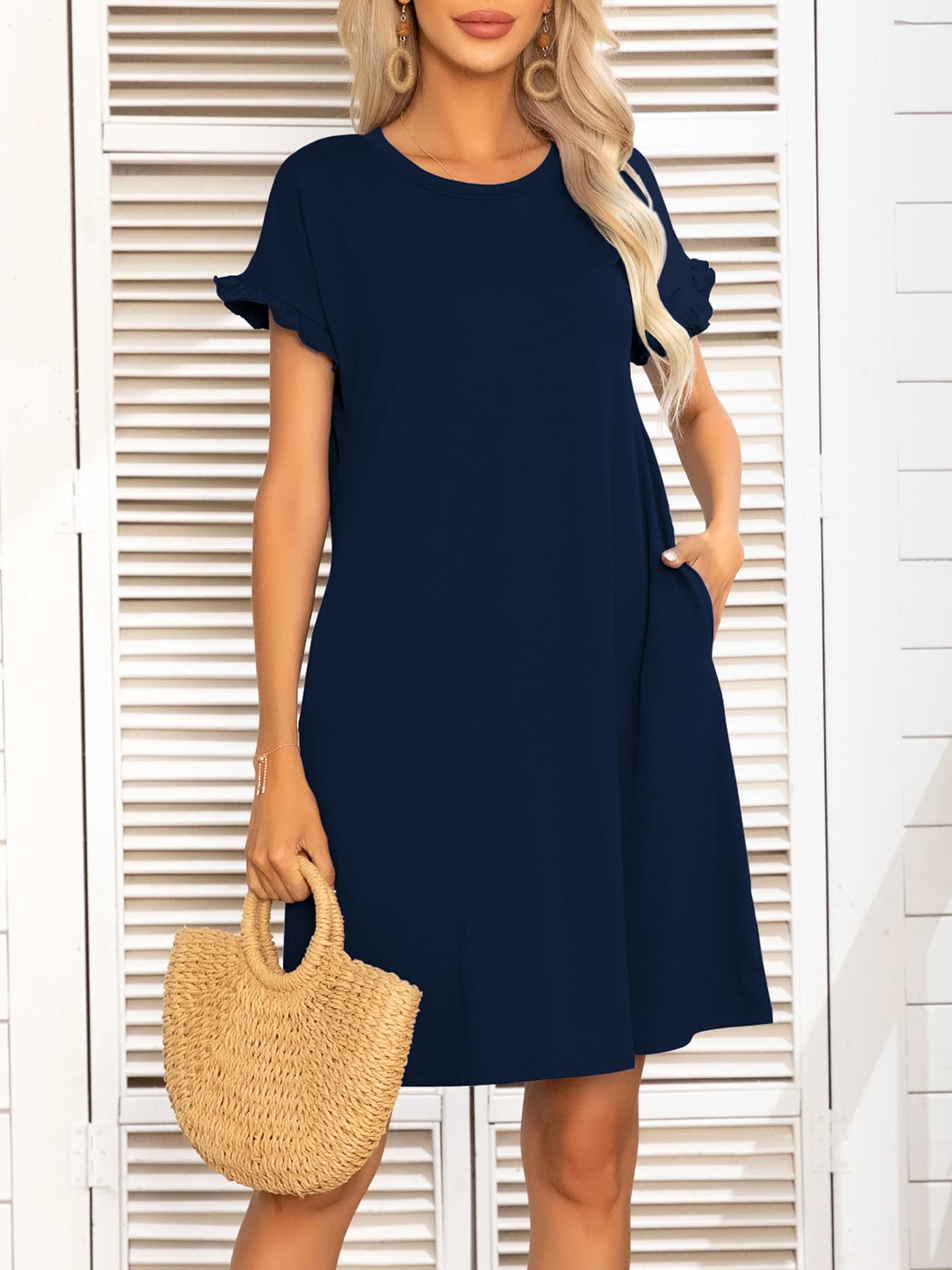Round Neck Flounce Sleeve Dress with Pockets BLUE ZONE PLANET