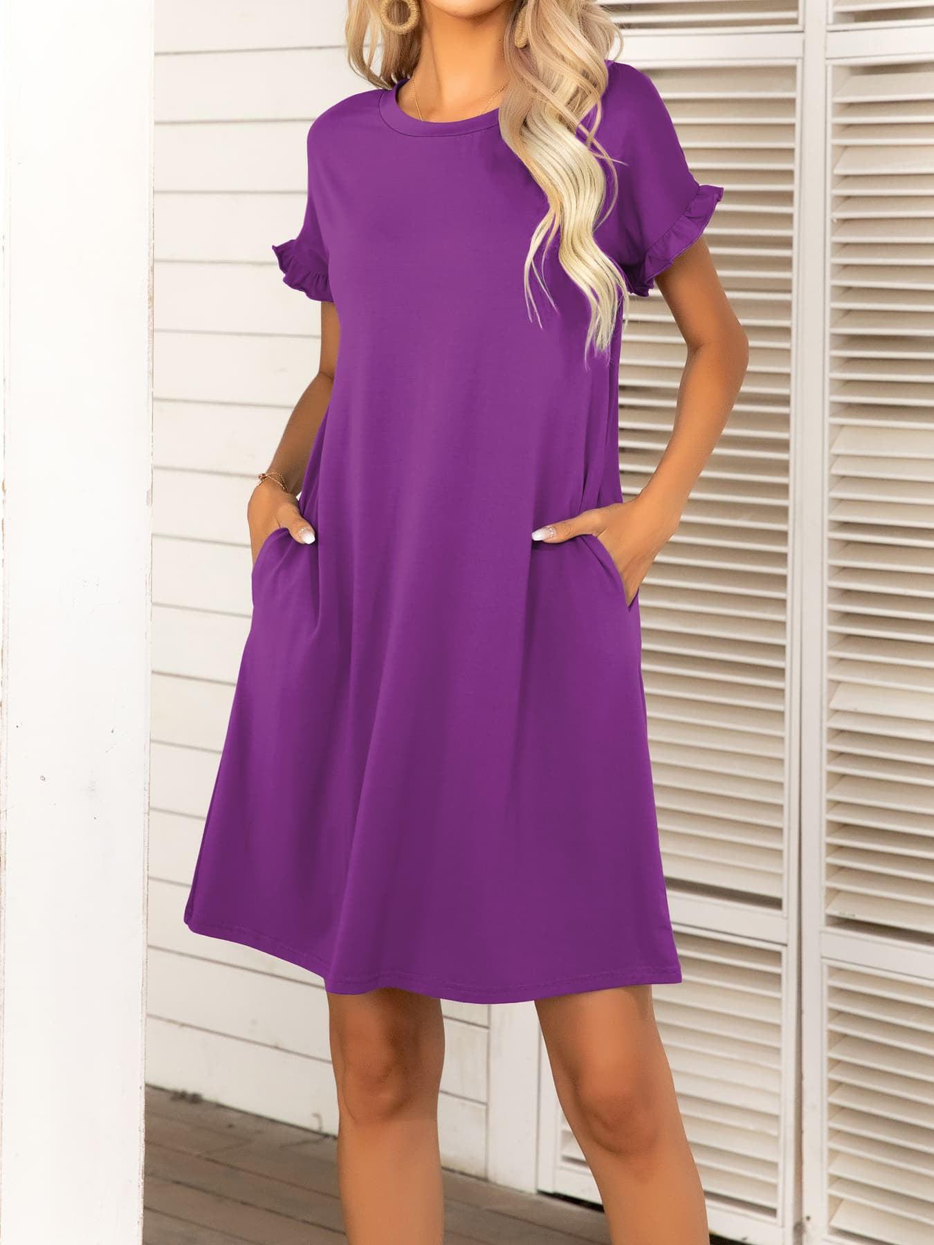 Round Neck Flounce Sleeve Dress with Pockets BLUE ZONE PLANET