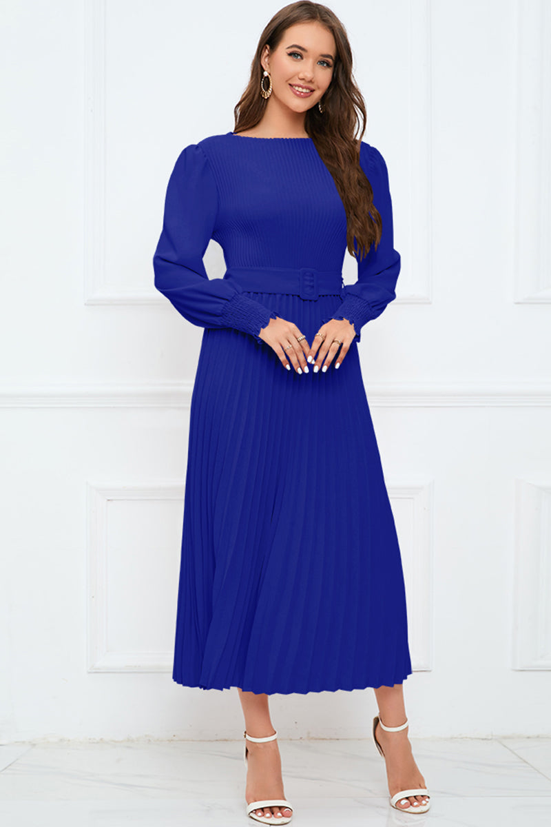 Round Neck Flounce Sleeve Pleated Dress BLUE ZONE PLANET