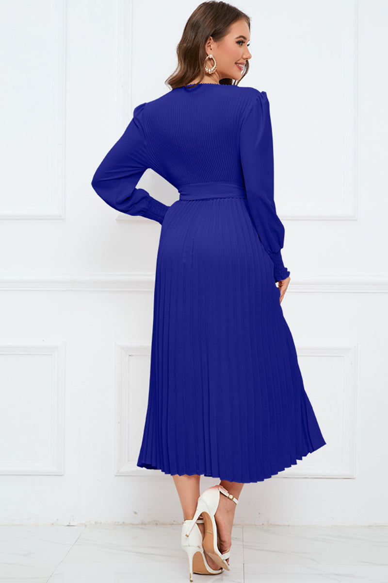 Round Neck Flounce Sleeve Pleated Dress BLUE ZONE PLANET