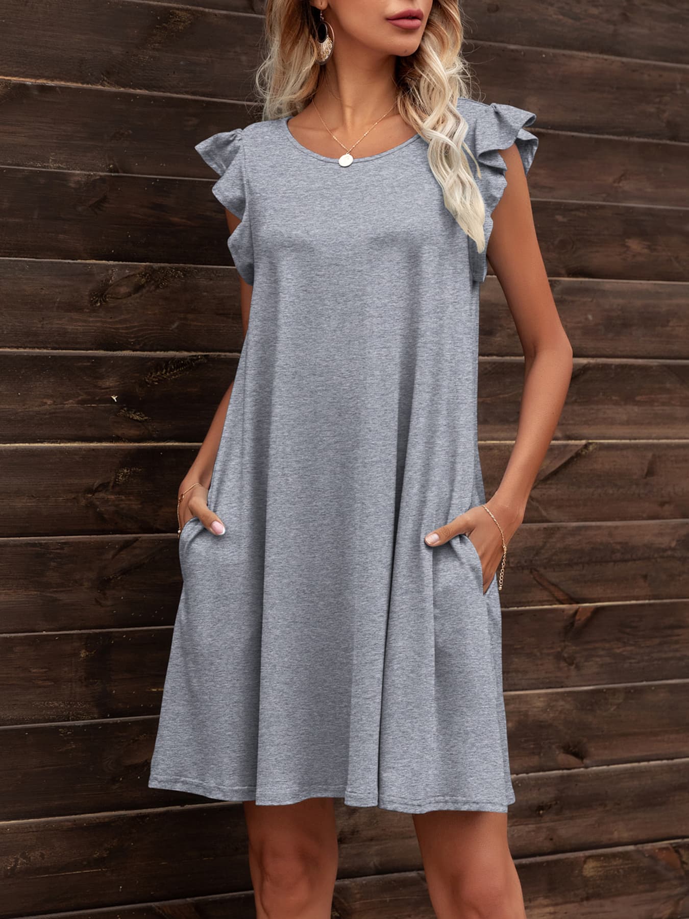 Round Neck Flutter Sleeve Dress with Pockets BLUE ZONE PLANET