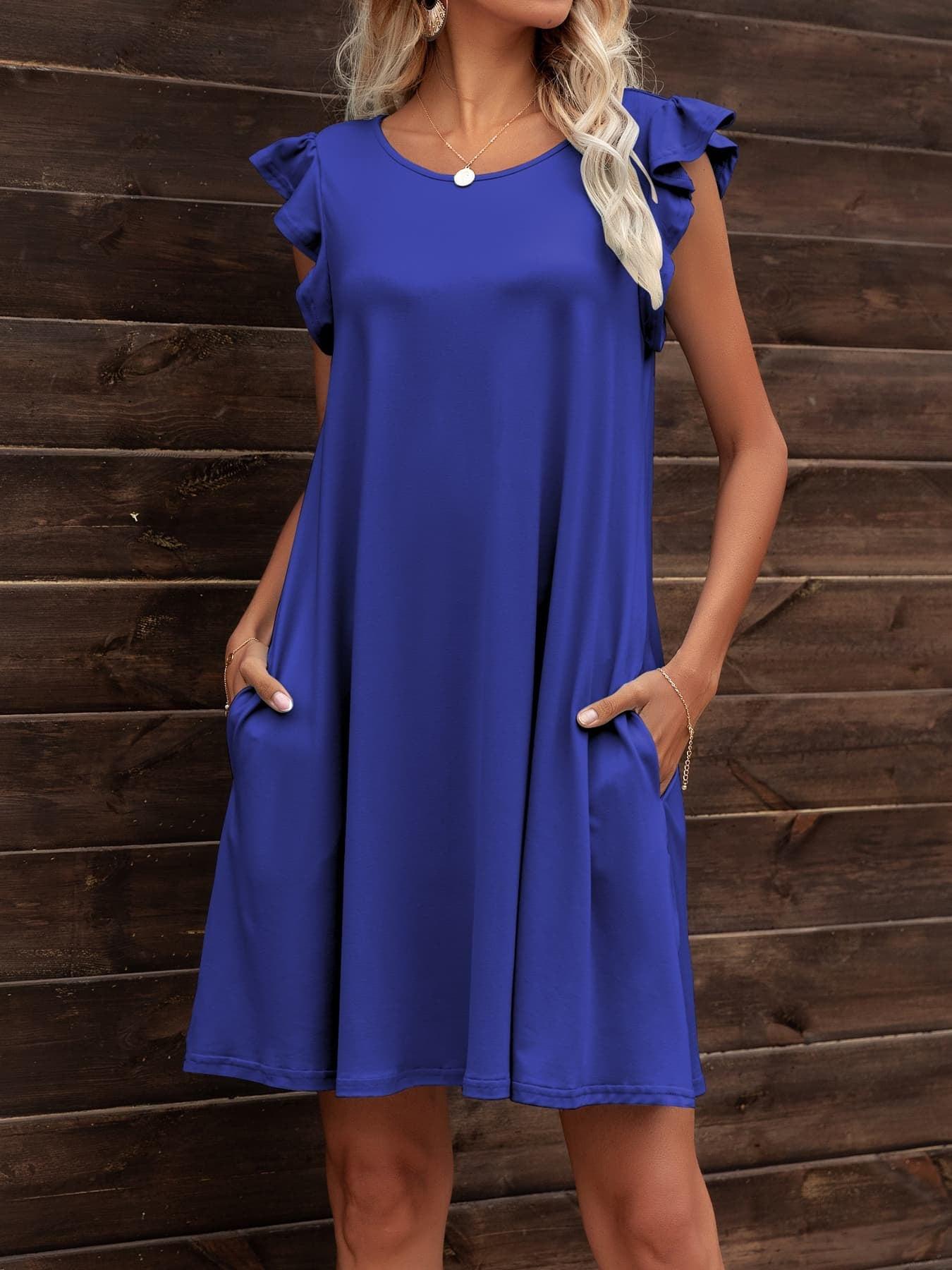 Round Neck Flutter Sleeve Dress with Pockets BLUE ZONE PLANET