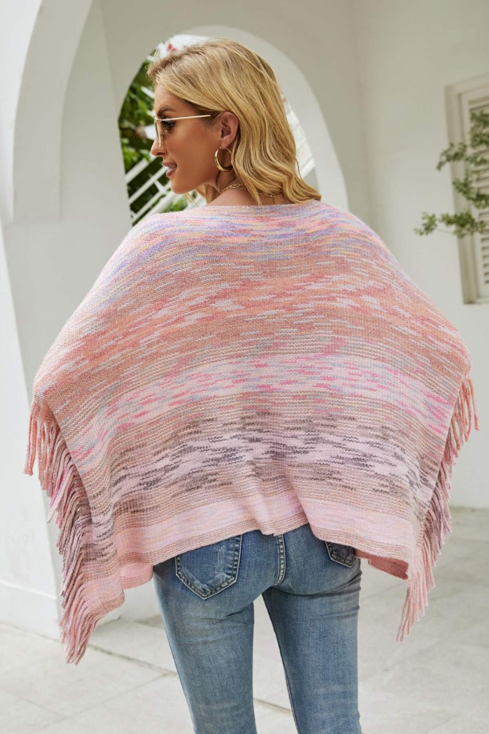 Round Neck Fringe Detail Poncho BLUE ZONE PLANET