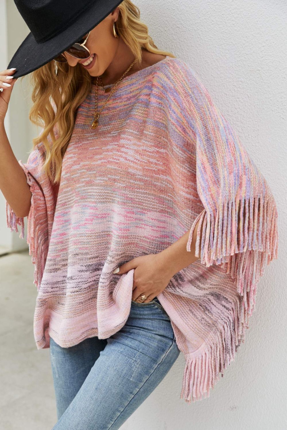 Round Neck Fringe Detail Poncho BLUE ZONE PLANET