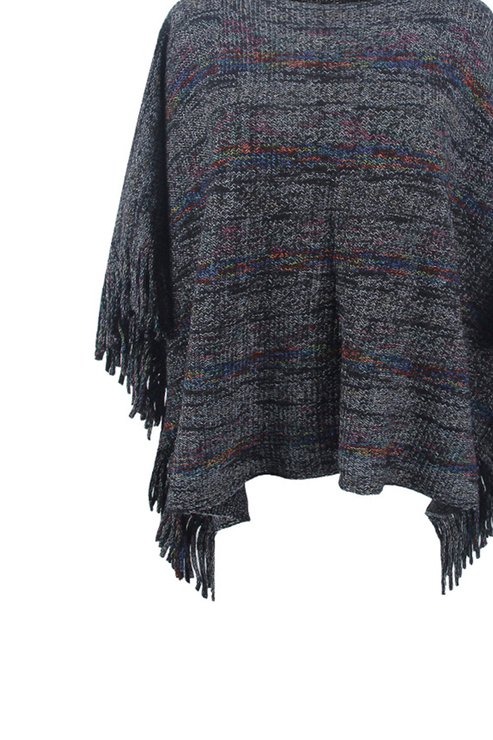 Round Neck Fringe Detail Sleeve Poncho BLUE ZONE PLANET