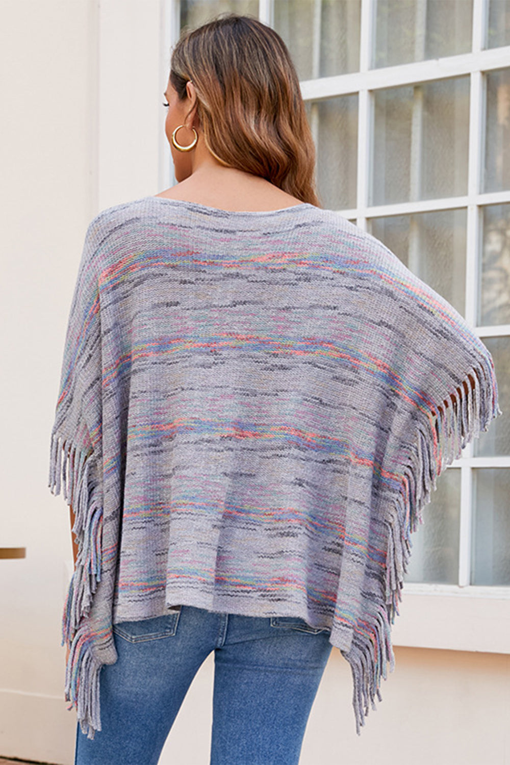 Round Neck Fringe Detail Sleeve Poncho BLUE ZONE PLANET