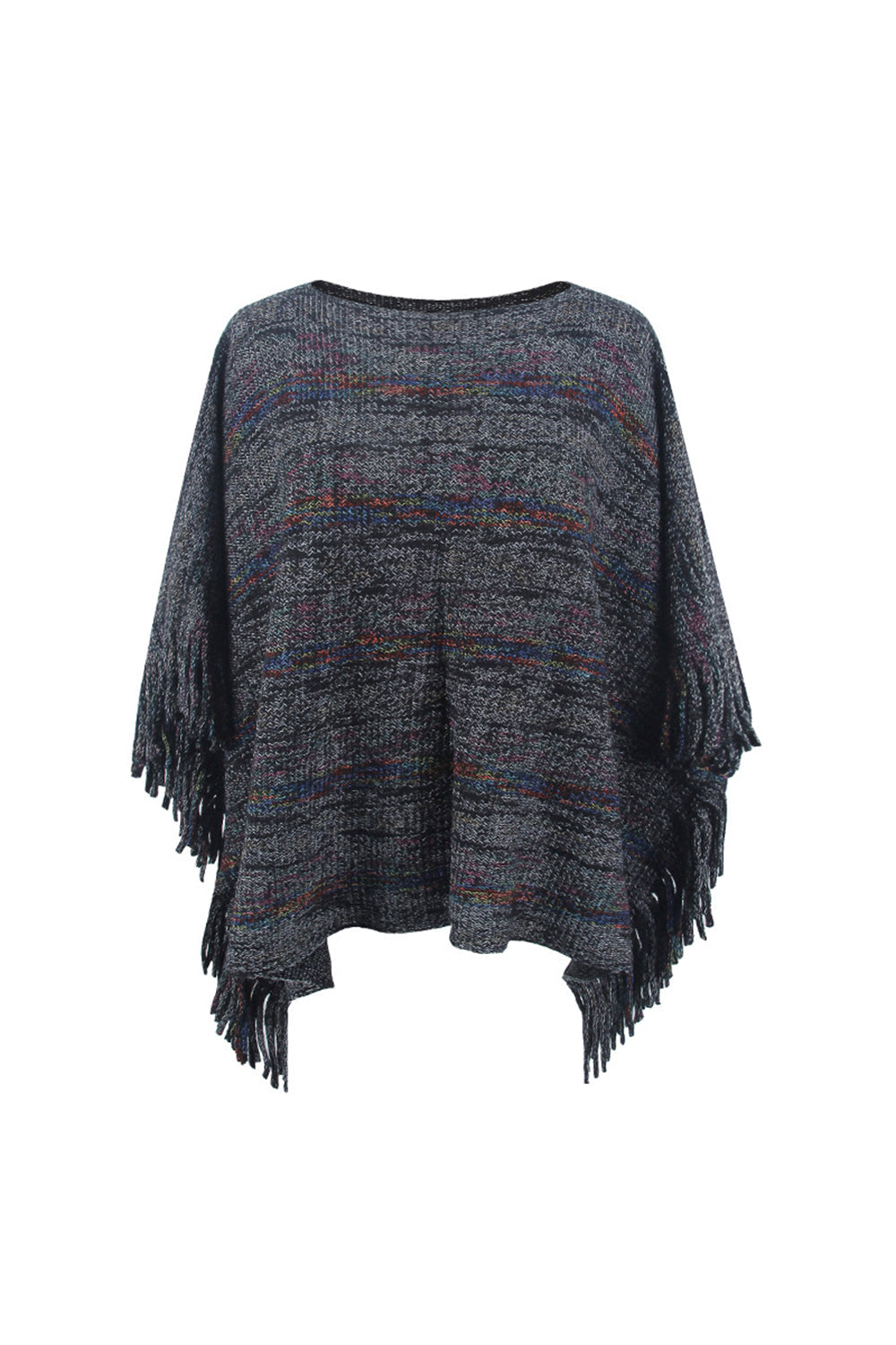 Round Neck Fringe Detail Sleeve Poncho BLUE ZONE PLANET