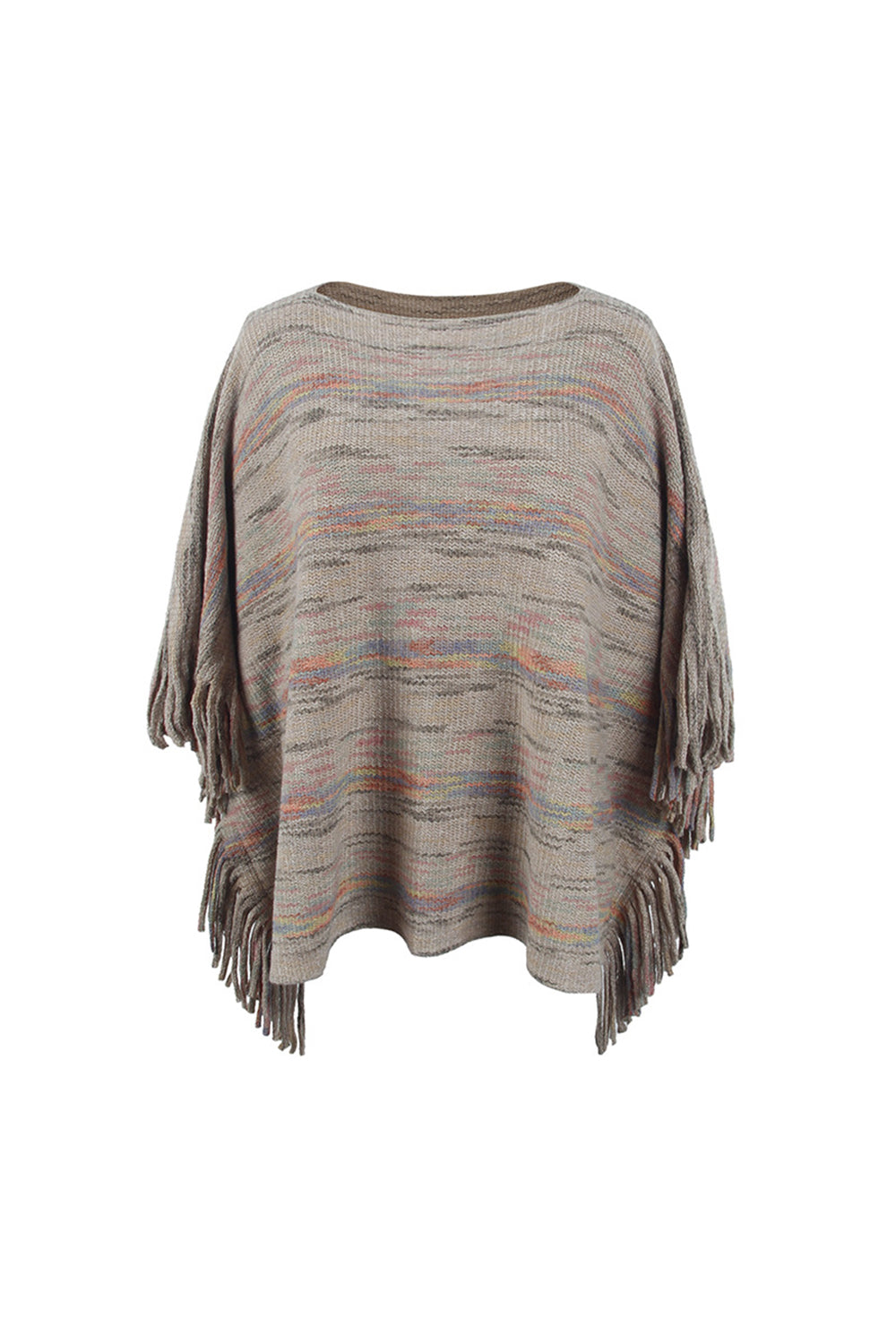 Round Neck Fringe Detail Sleeve Poncho BLUE ZONE PLANET