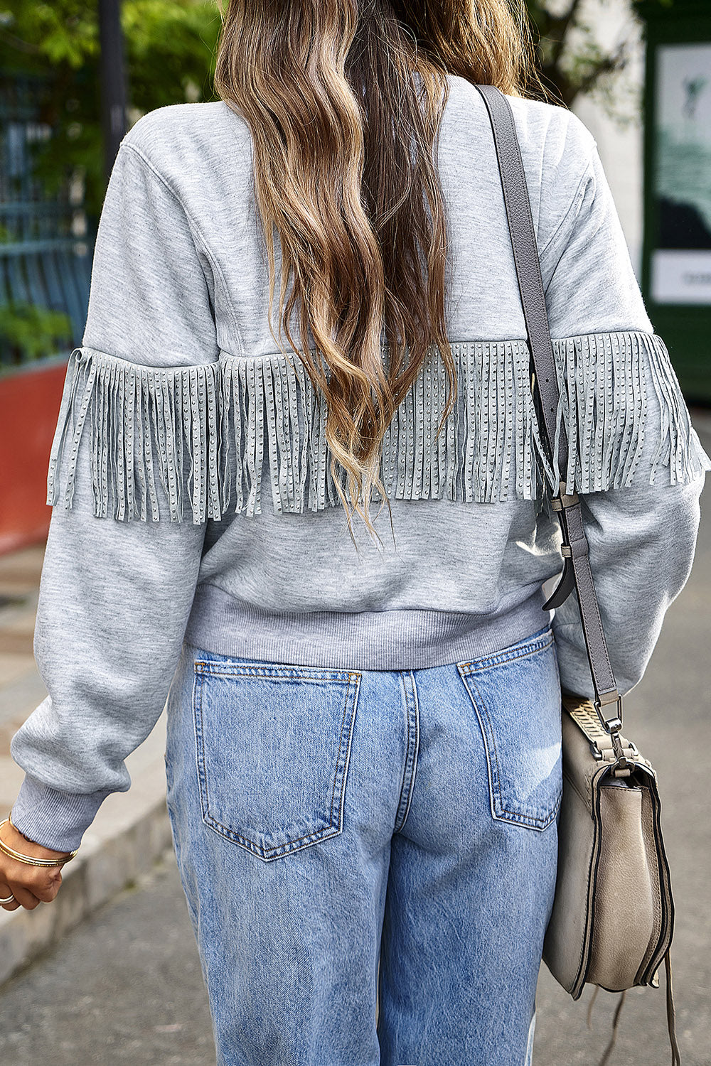 Round Neck Fringe Detail Sweatshirt BLUE ZONE PLANET