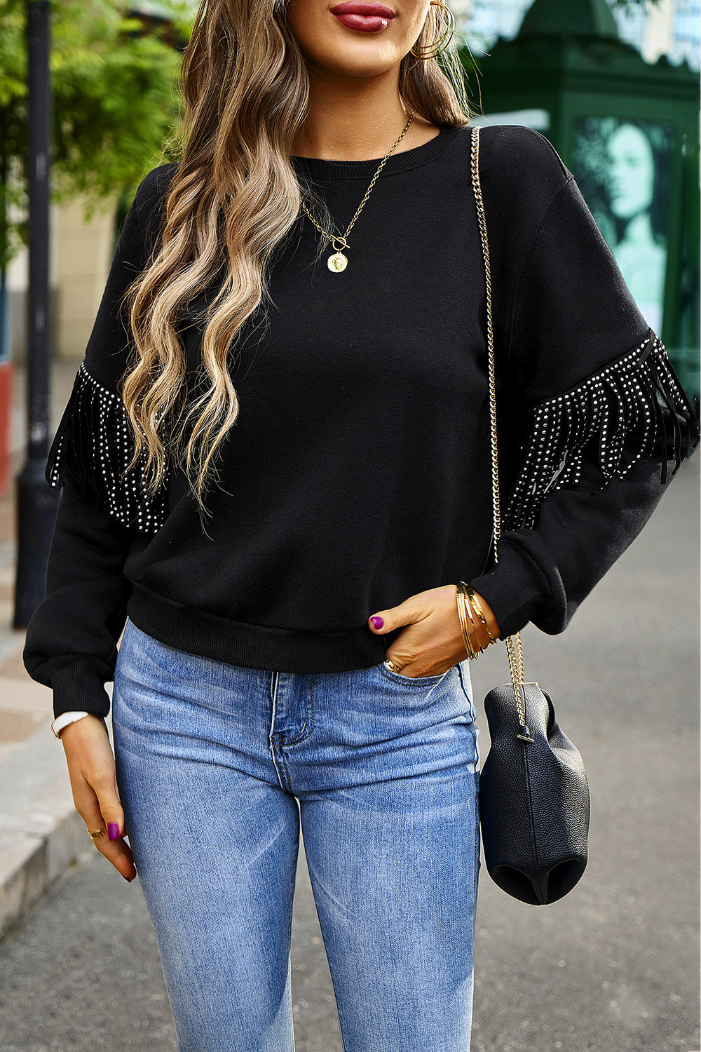 Round Neck Fringe Detail Sweatshirt BLUE ZONE PLANET