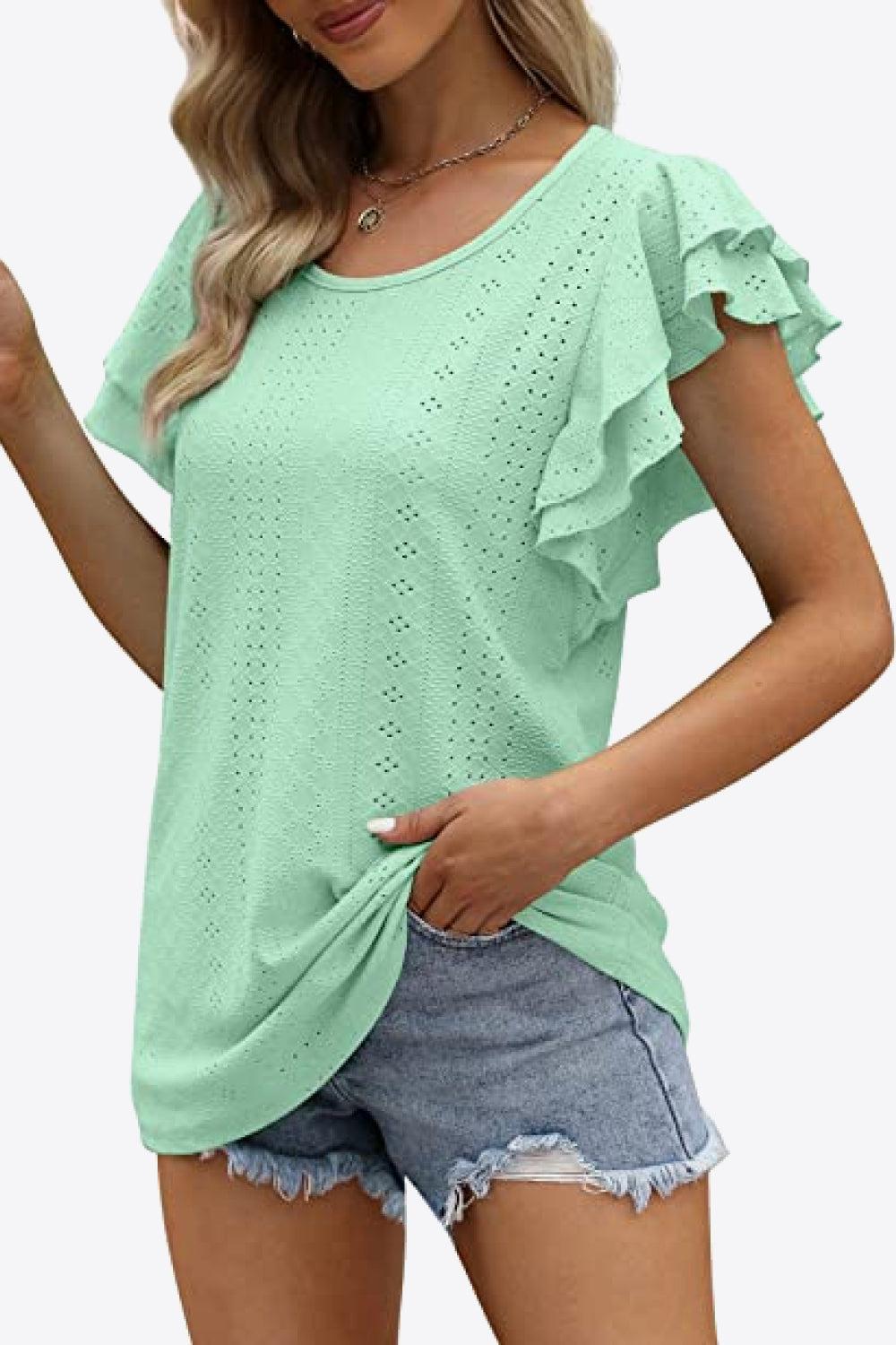 Round Neck Layered Flutter Sleeve Blouse BLUE ZONE PLANET