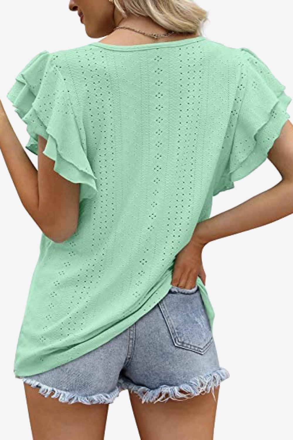 Round Neck Layered Flutter Sleeve Blouse BLUE ZONE PLANET