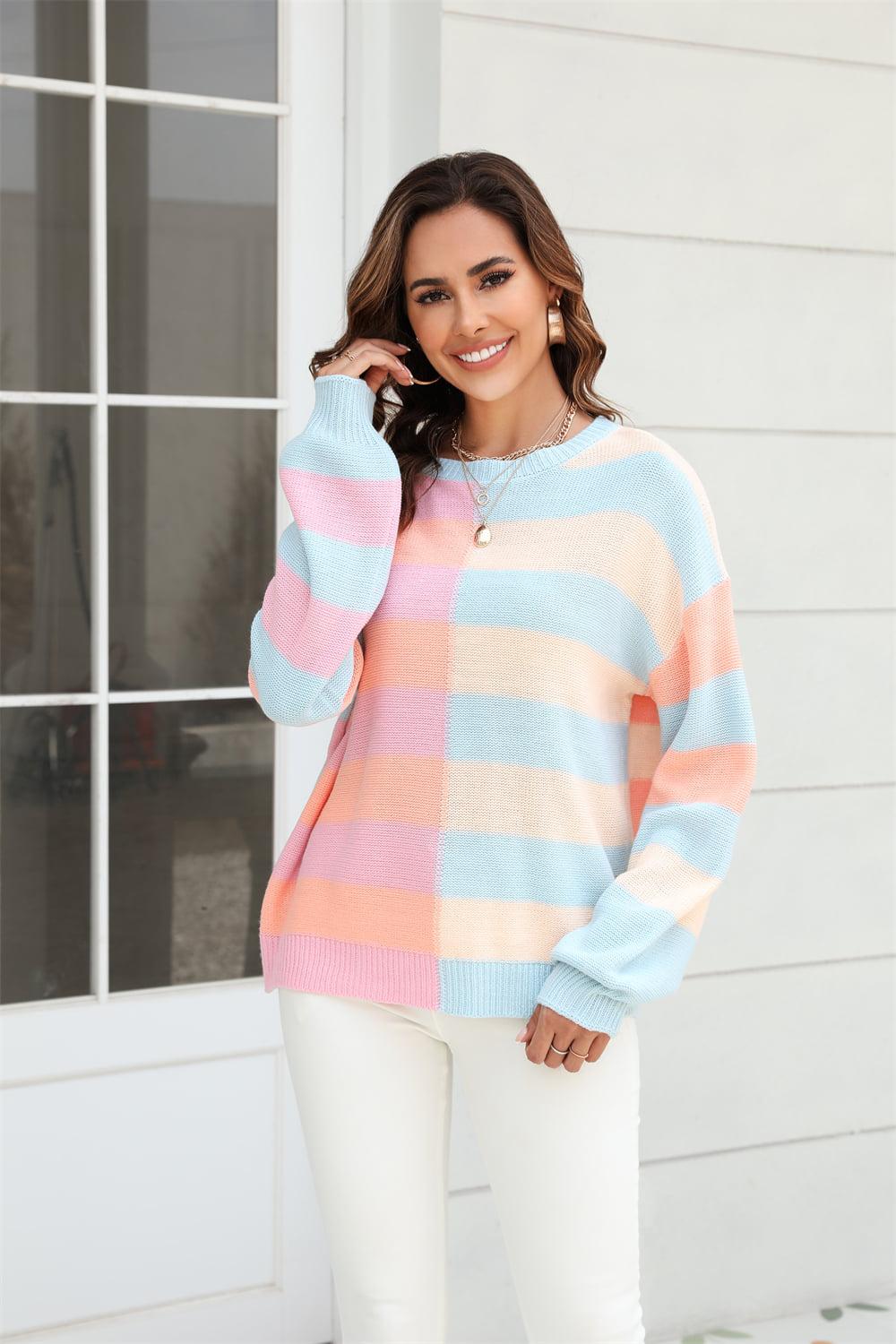 Round Neck Long Sleeve Color Block Dropped Shoulder Pullover Sweater BLUE ZONE PLANET