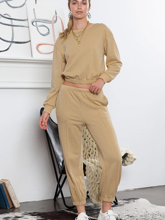 Round Neck Long Sleeve Cropped Top and Pants Set BLUE ZONE PLANET