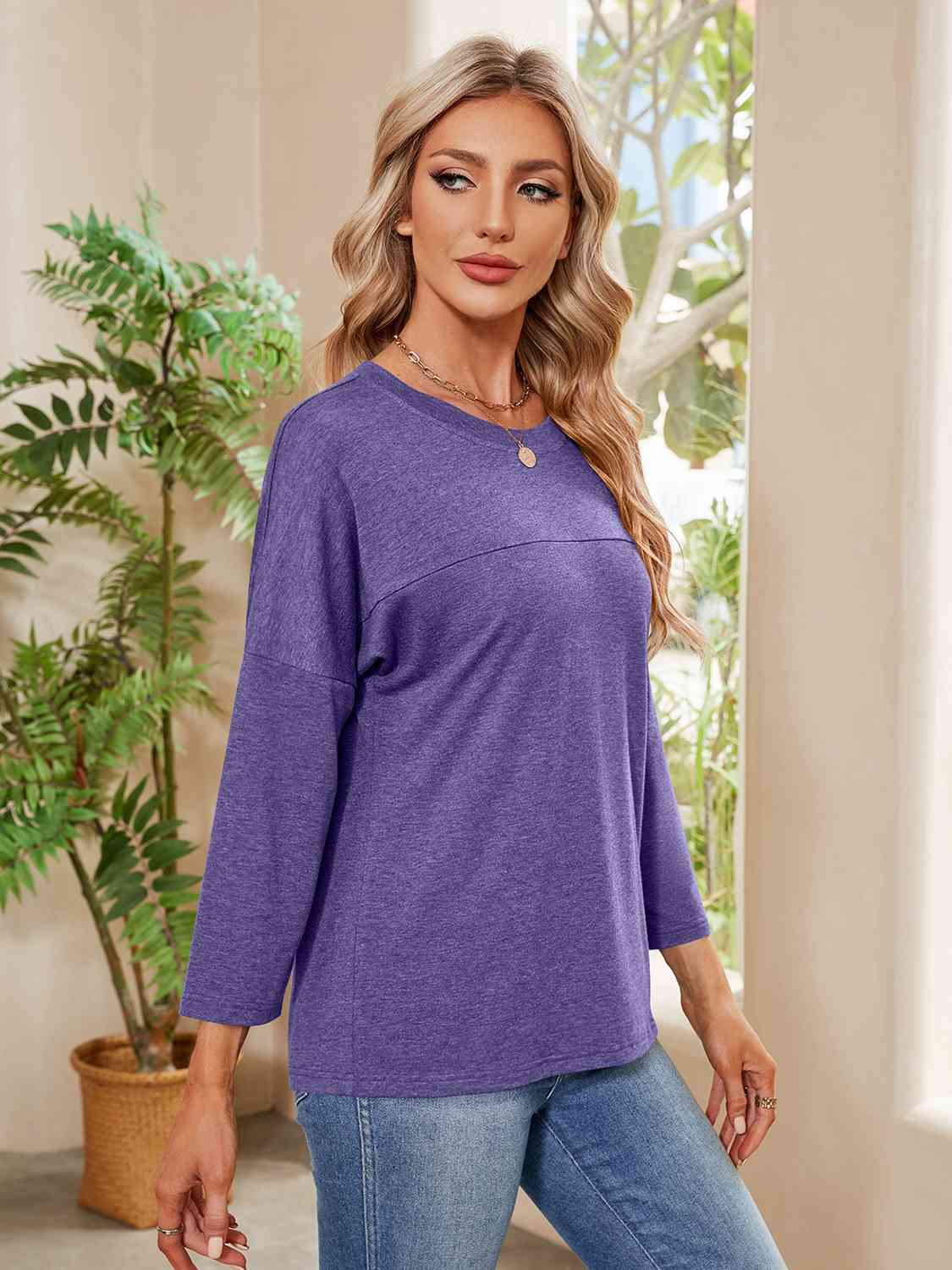 Round Neck Long Sleeve Drop Shoulder Blouse BLUE ZONE PLANET