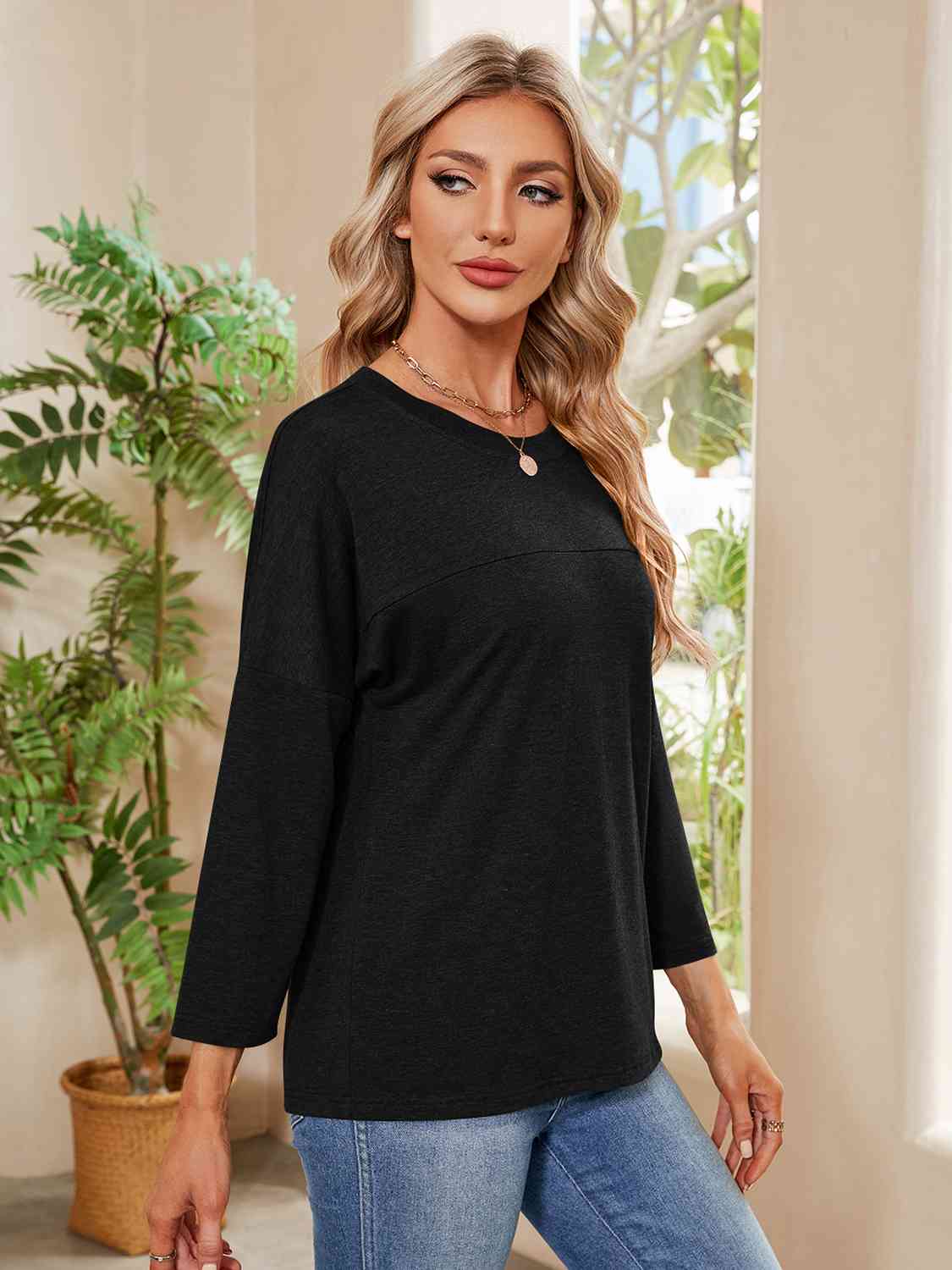 Round Neck Long Sleeve Drop Shoulder Blouse BLUE ZONE PLANET