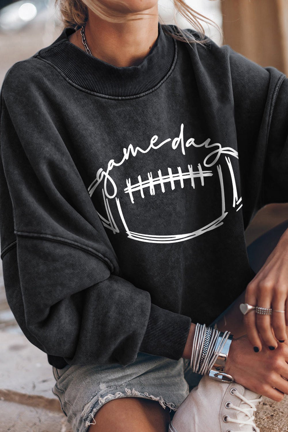 Round Neck Long Sleeve FOOTBALL Graphic Sweatshirt BLUE ZONE PLANET