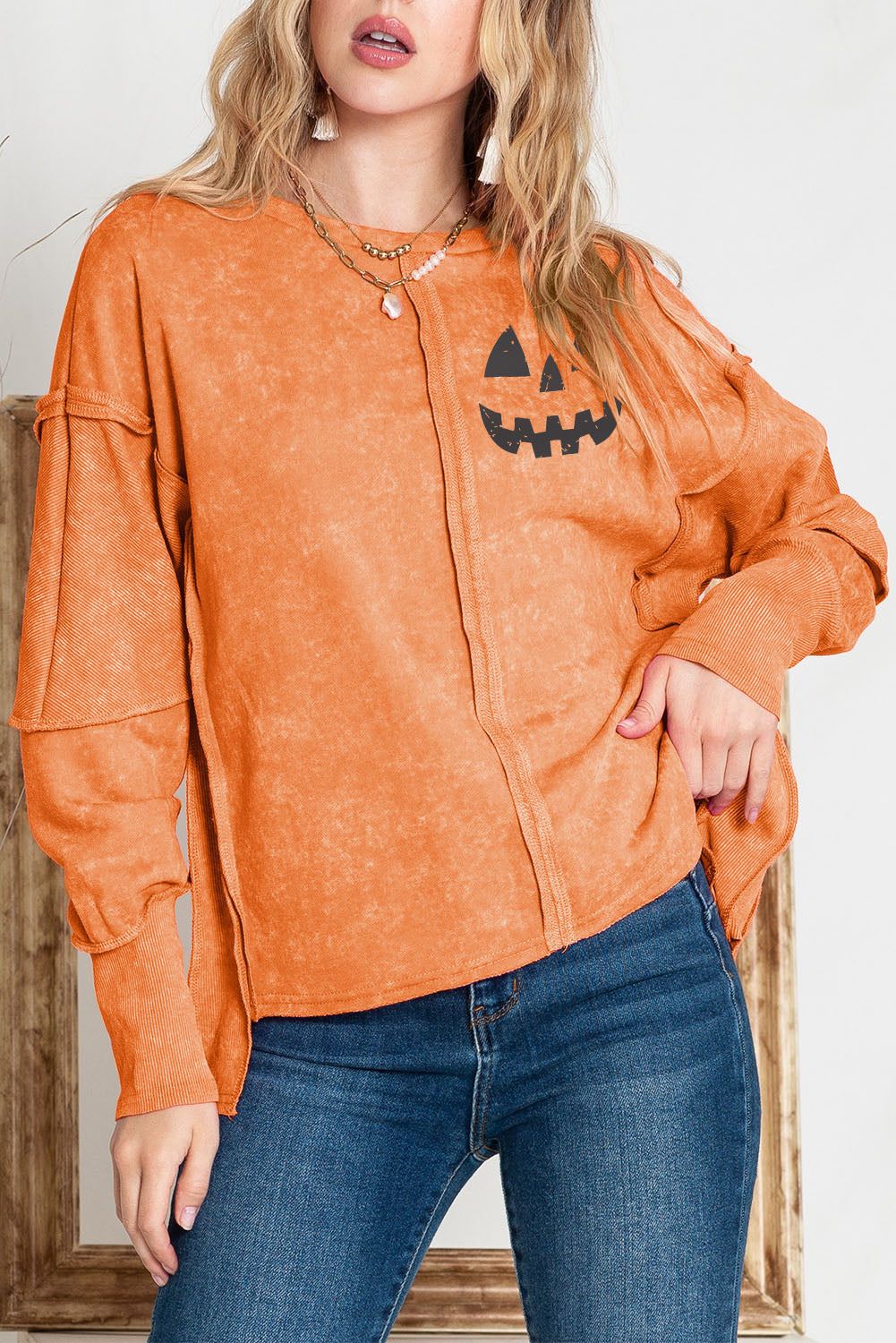 Round Neck Long Sleeve Jack-O'-Lantern Graphic Blouse BLUE ZONE PLANET