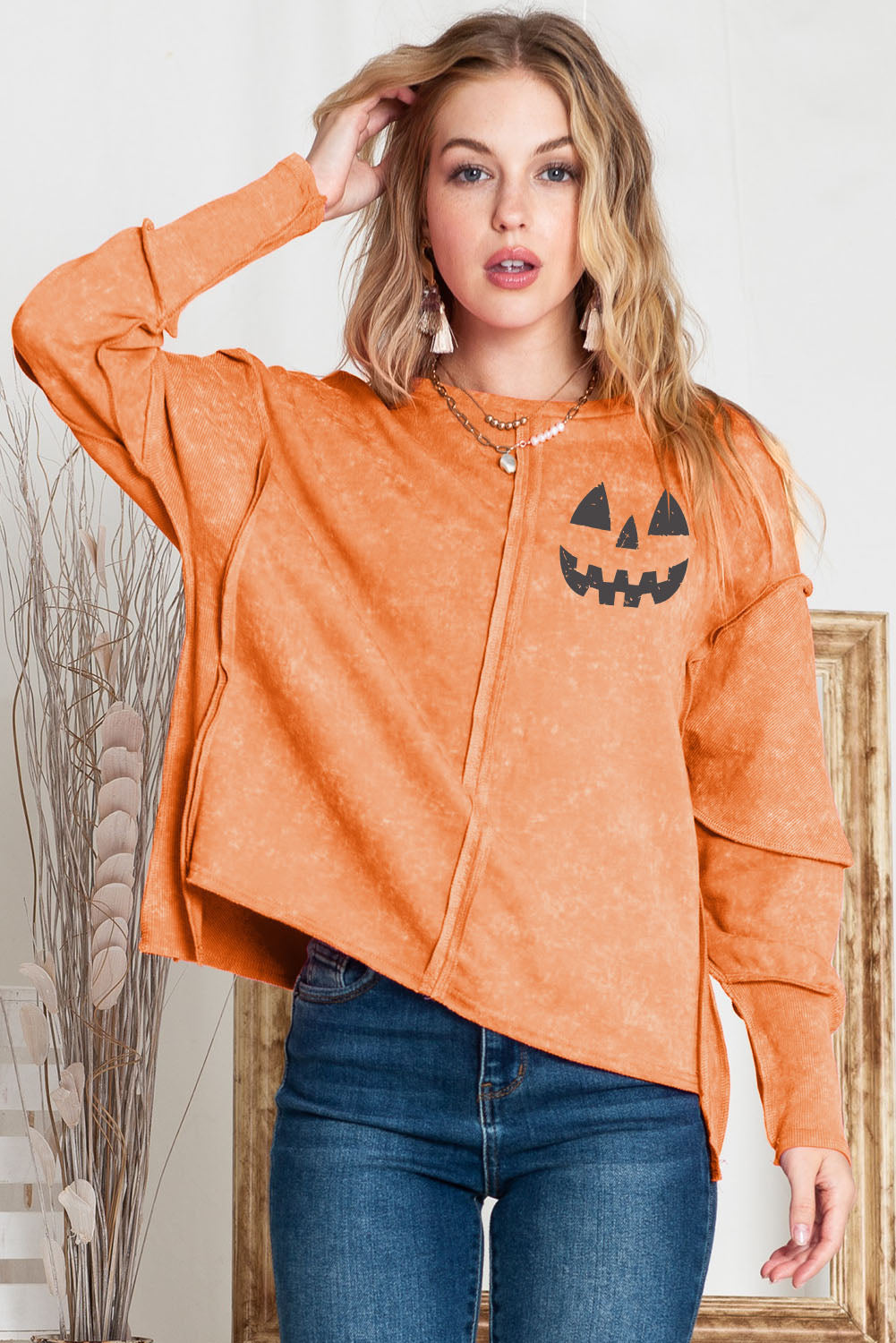 Round Neck Long Sleeve Jack-O'-Lantern Graphic Blouse BLUE ZONE PLANET