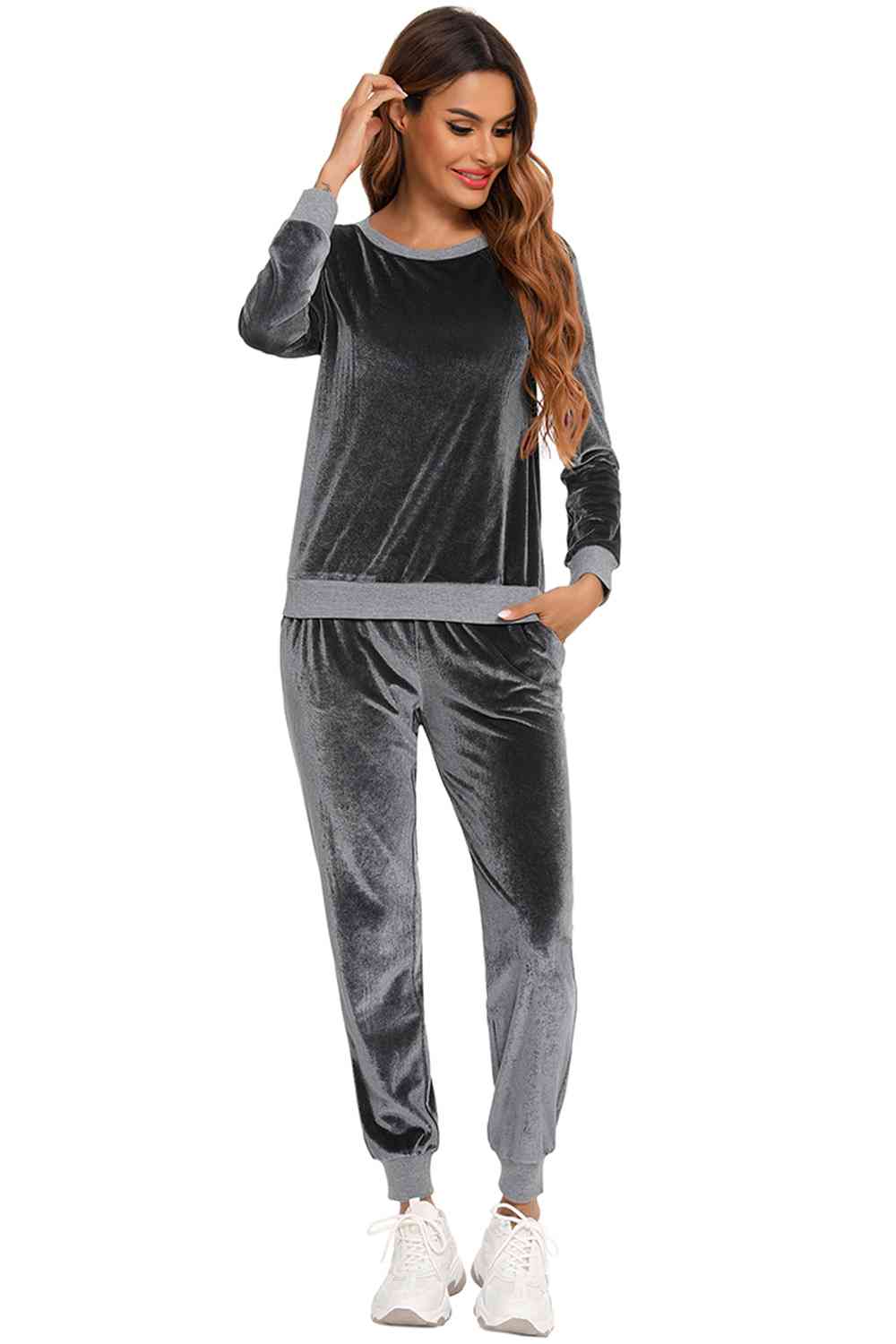 Round Neck Long Sleeve Loungewear Set with Pockets BLUE ZONE PLANET