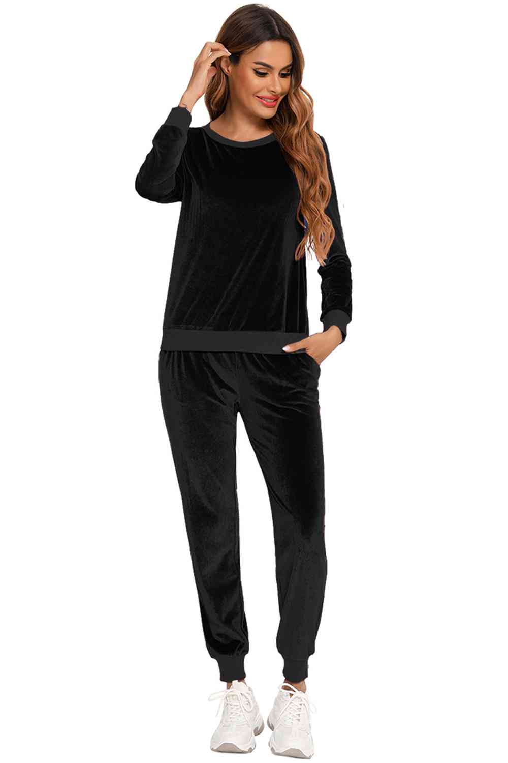 Round Neck Long Sleeve Loungewear Set with Pockets BLUE ZONE PLANET