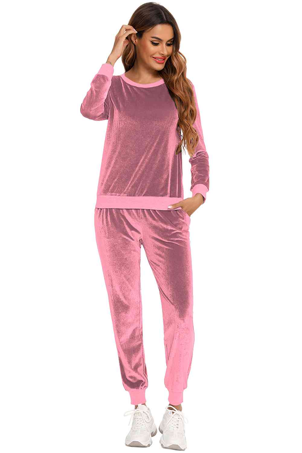 Round Neck Long Sleeve Loungewear Set with Pockets BLUE ZONE PLANET