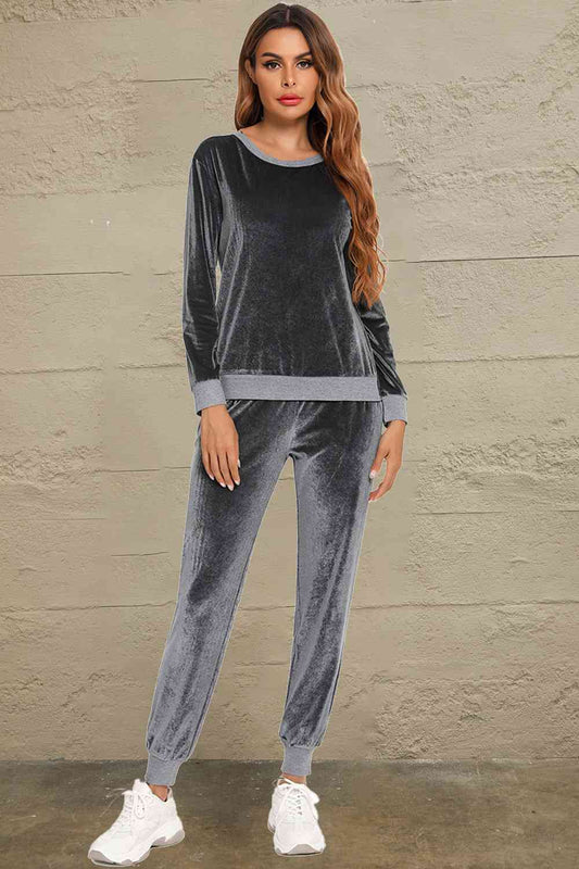 Round Neck Long Sleeve Loungewear Set with Pockets BLUE ZONE PLANET