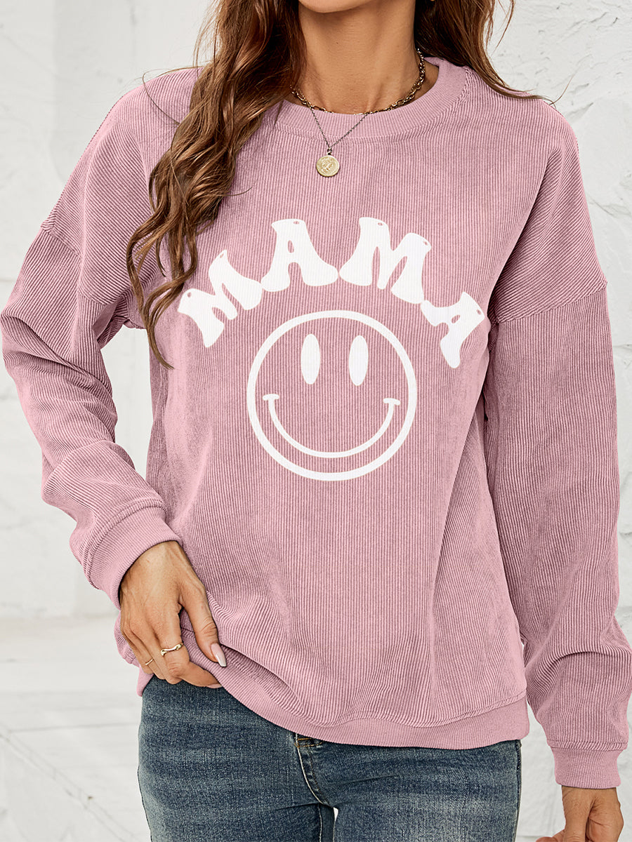 Round Neck Long Sleeve MAMA Graphic Sweatshirt BLUE ZONE PLANET