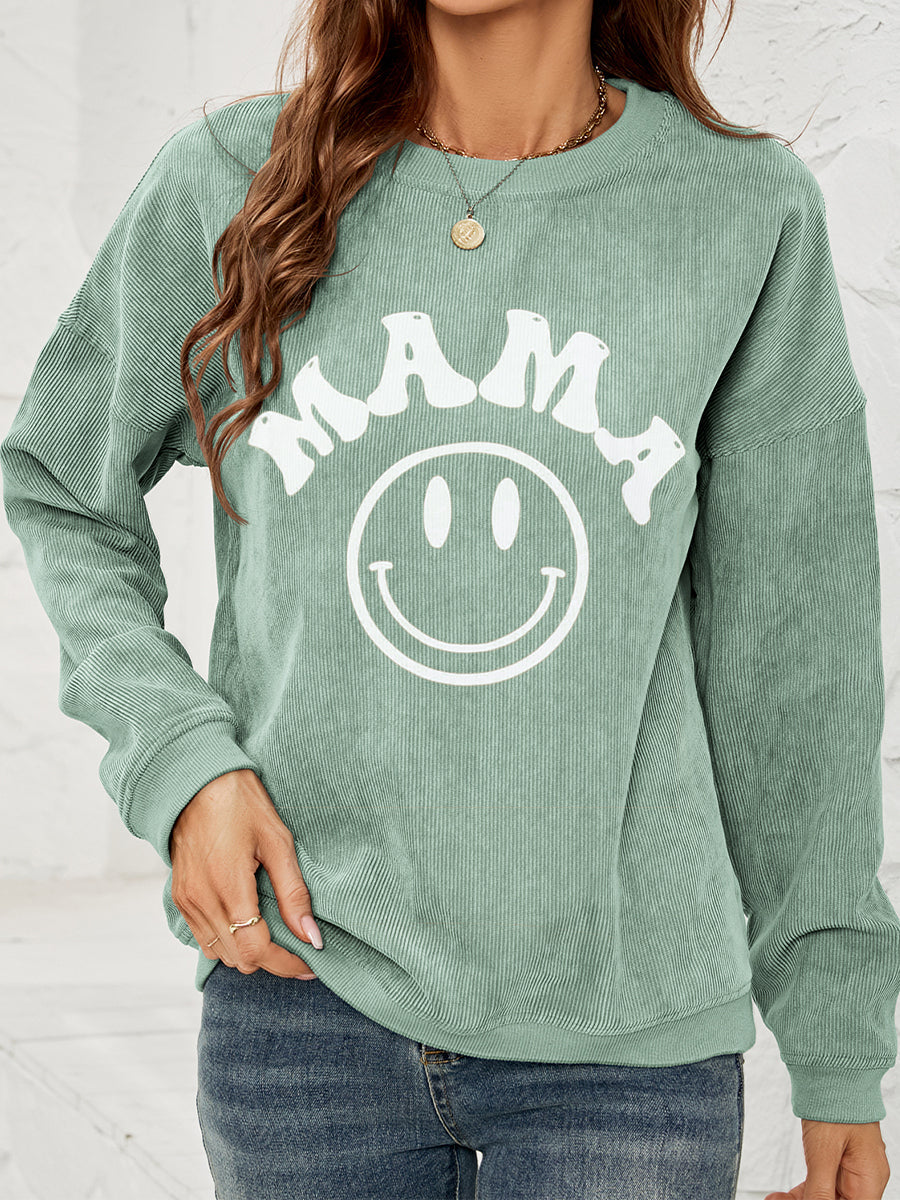 Round Neck Long Sleeve MAMA Graphic Sweatshirt BLUE ZONE PLANET