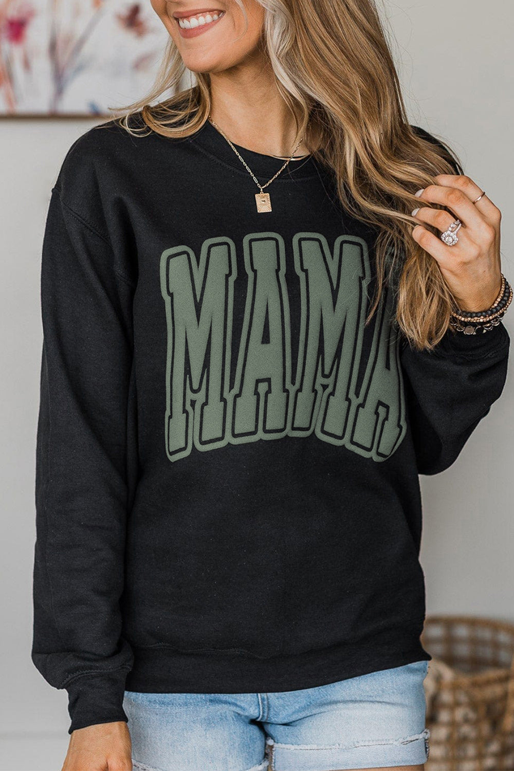 Round Neck Long Sleeve MAMA Graphic Sweatshirt BLUE ZONE PLANET