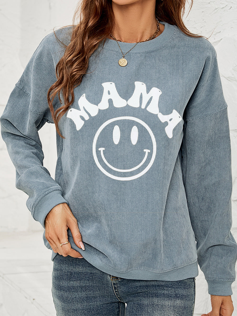 Round Neck Long Sleeve MAMA Graphic Sweatshirt BLUE ZONE PLANET