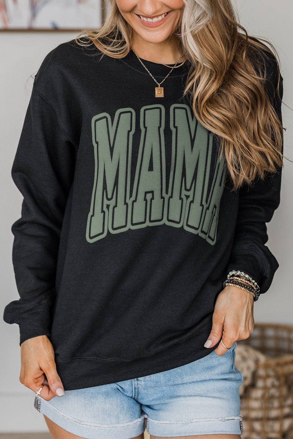 Round Neck Long Sleeve MAMA Graphic Sweatshirt BLUE ZONE PLANET