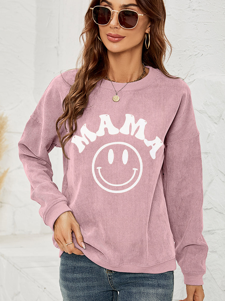 Round Neck Long Sleeve MAMA Graphic Sweatshirt BLUE ZONE PLANET