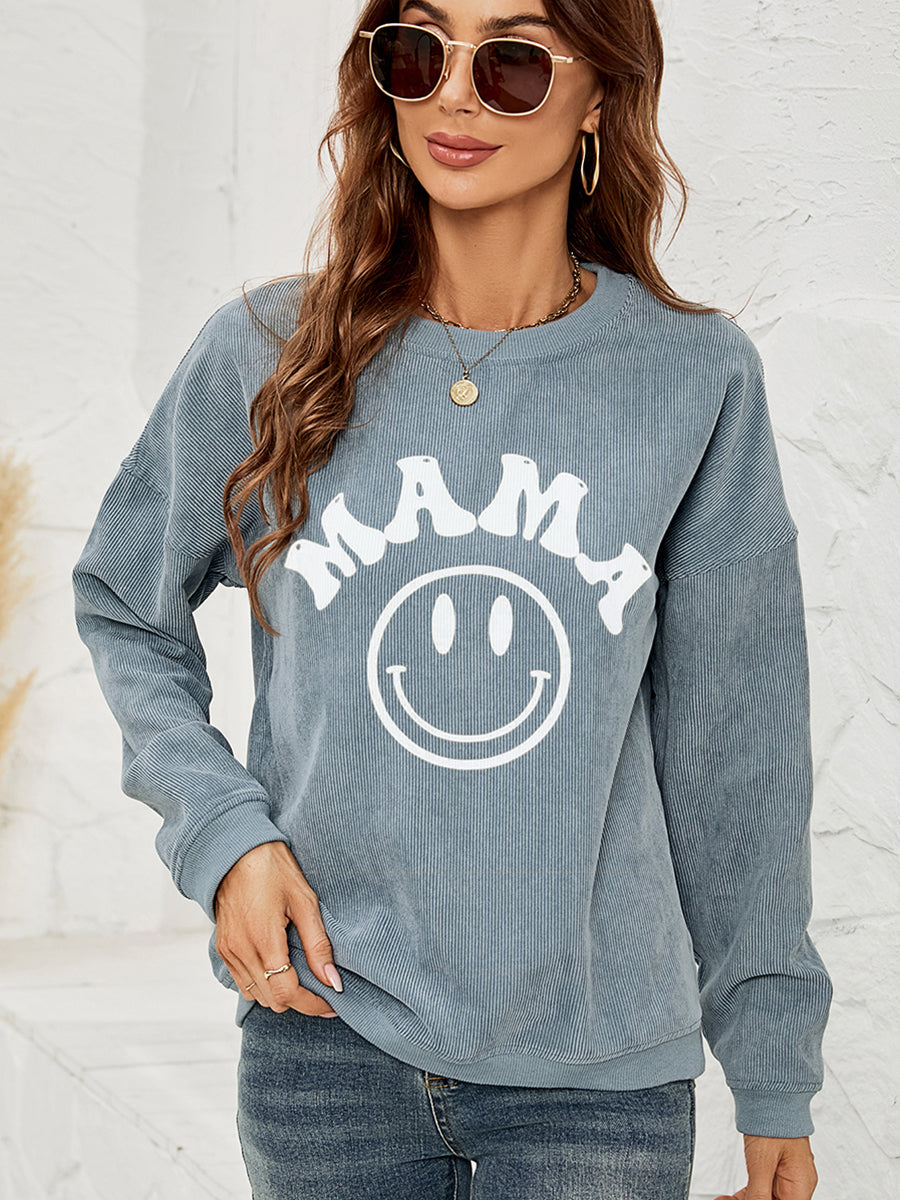 Round Neck Long Sleeve MAMA Graphic Sweatshirt BLUE ZONE PLANET