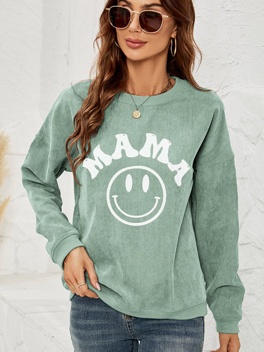 Round Neck Long Sleeve MAMA Graphic Sweatshirt BLUE ZONE PLANET