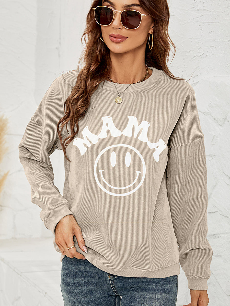 Round Neck Long Sleeve MAMA Graphic Sweatshirt BLUE ZONE PLANET