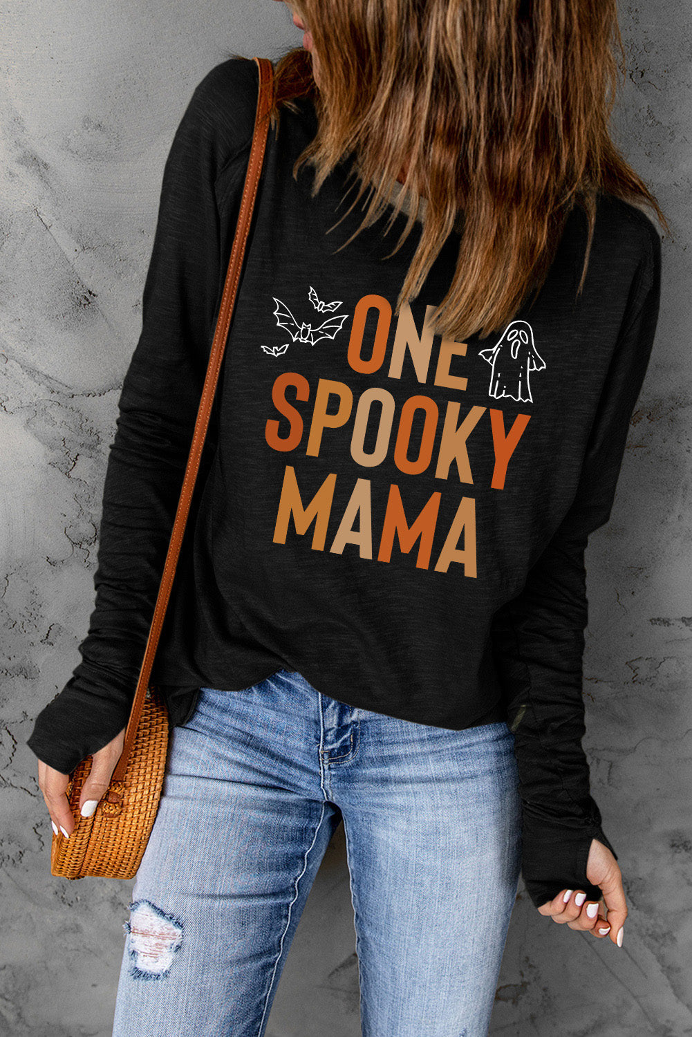 Round Neck Long Sleeve ONE SPOOKY MAMA Graphic T-Shirt BLUE ZONE PLANET