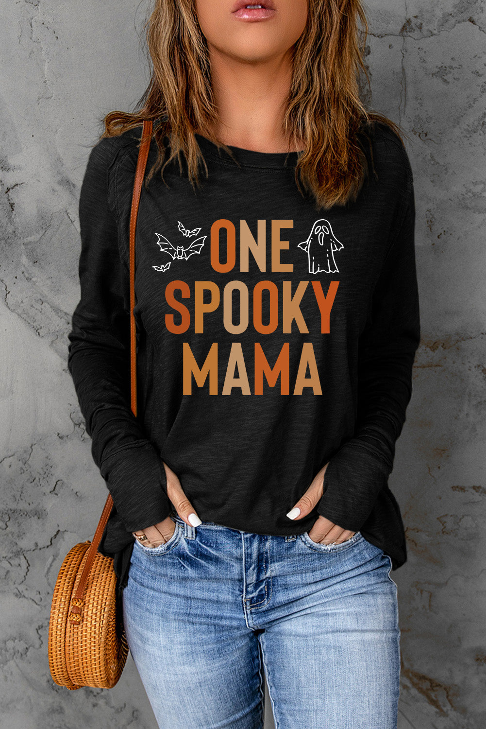 Round Neck Long Sleeve ONE SPOOKY MAMA Graphic T-Shirt BLUE ZONE PLANET