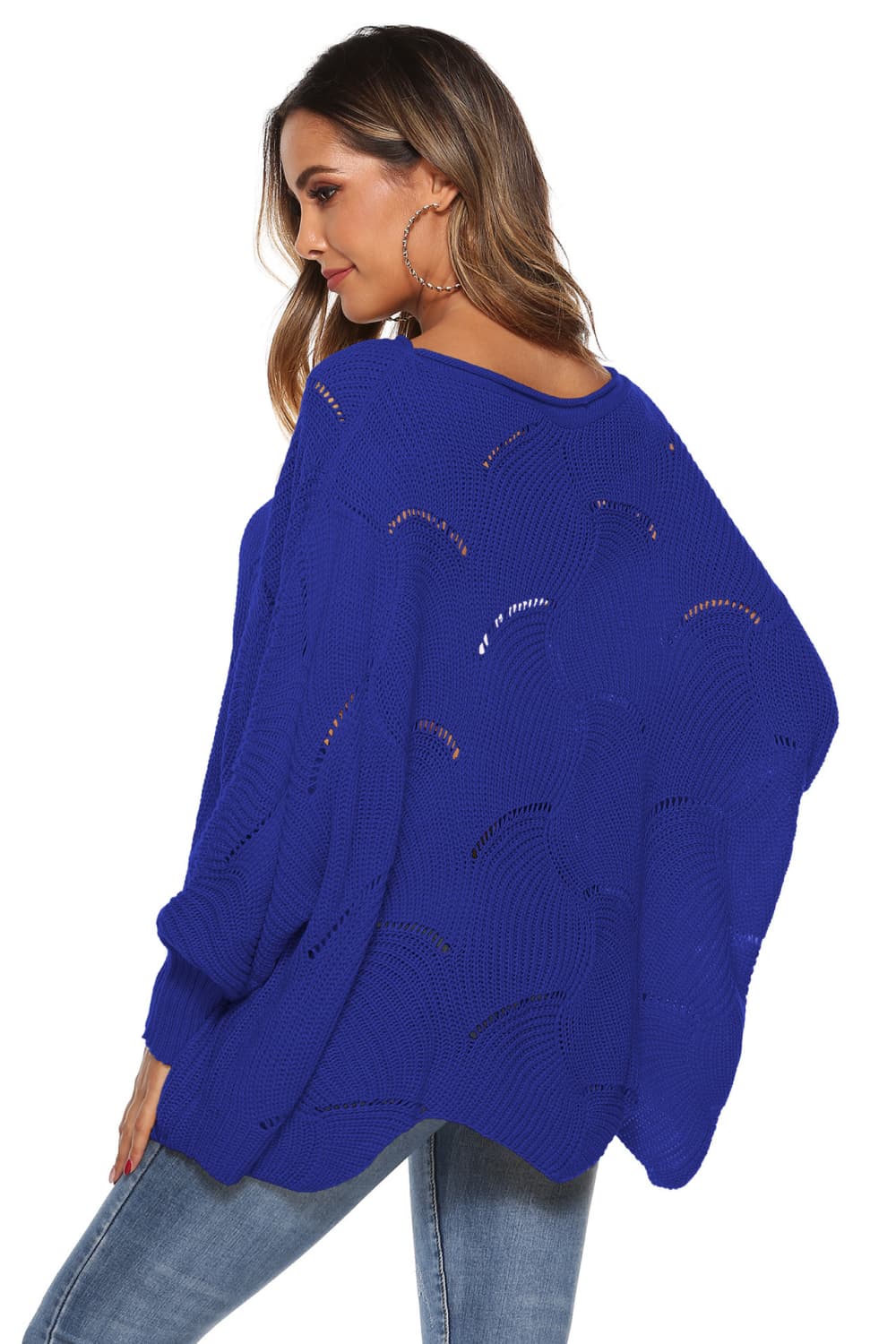 Round Neck Long Sleeve Openwork Sweater BLUE ZONE PLANET
