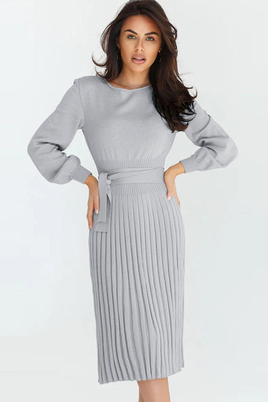 Round Neck Long Sleeve Pleated Sweater Dress BLUE ZONE PLANET