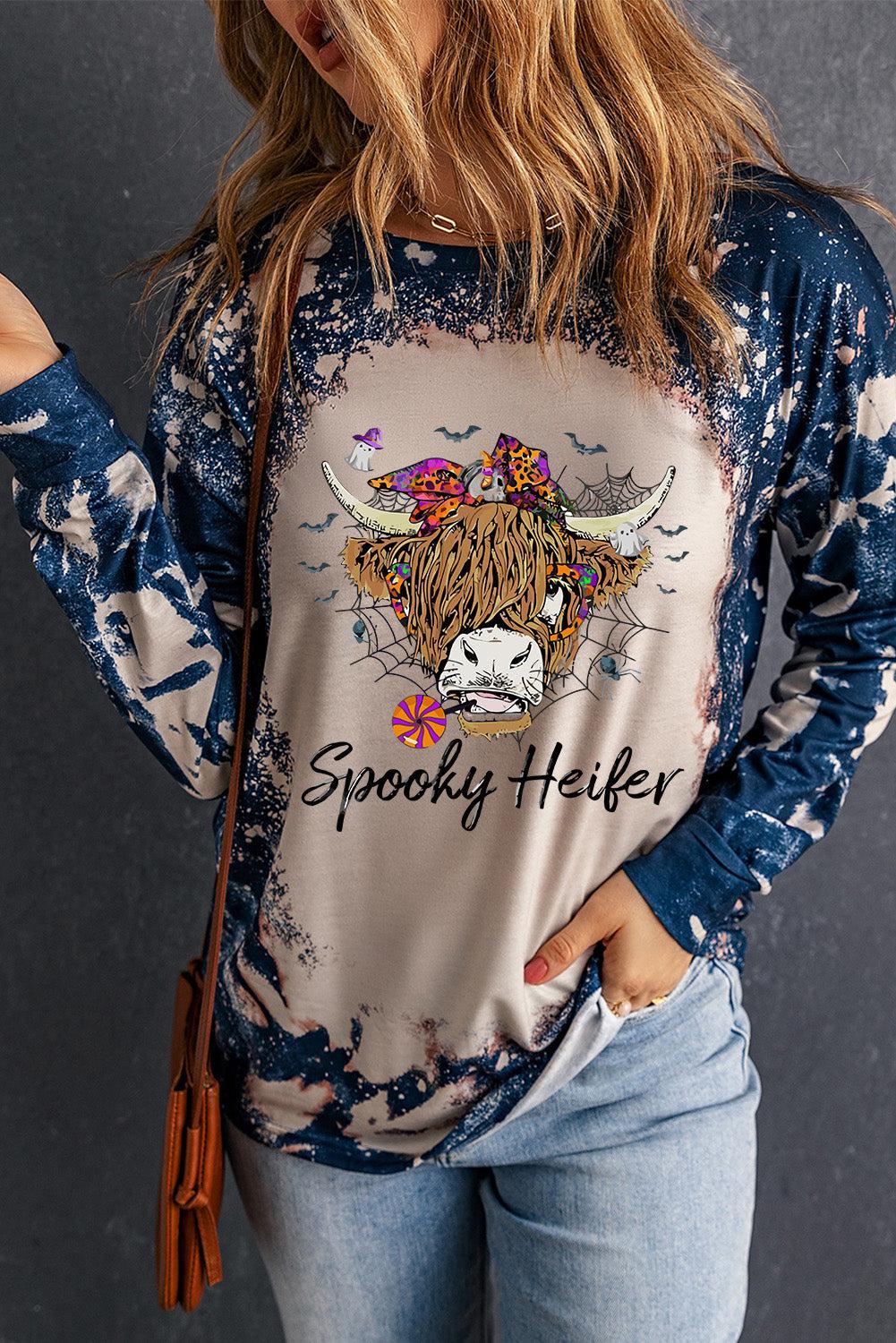 Round Neck Long Sleeve Printed SPOOKY HEIFER Graphic Tee BLUE ZONE PLANET