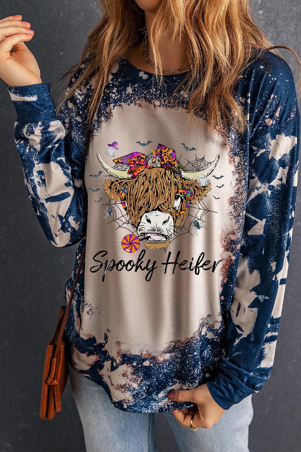Round Neck Long Sleeve Printed SPOOKY HEIFER Graphic Tee BLUE ZONE PLANET