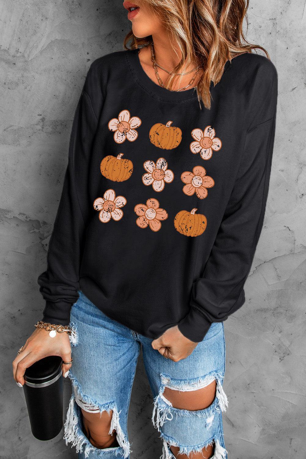 Blue Zone Planet |  Round Neck Long Sleeve Pumpkin & Flower Graphic Sweatshirt BLUE ZONE PLANET