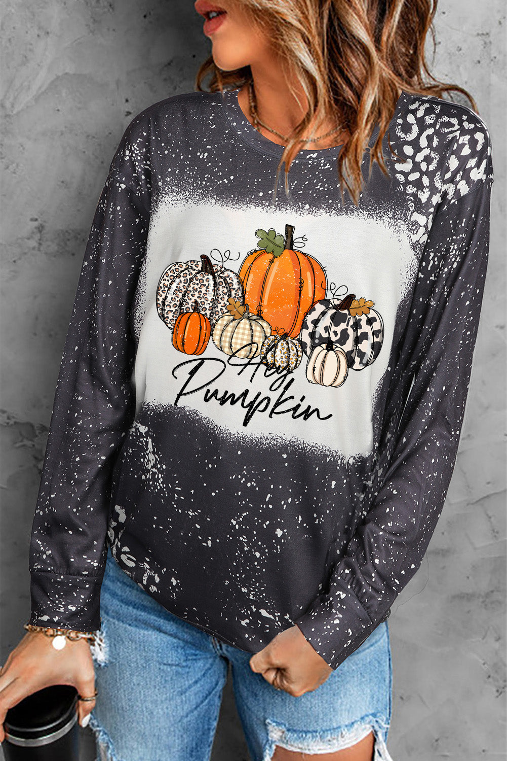 Round Neck Long Sleeve Pumpkin Graphic T-Shirt BLUE ZONE PLANET