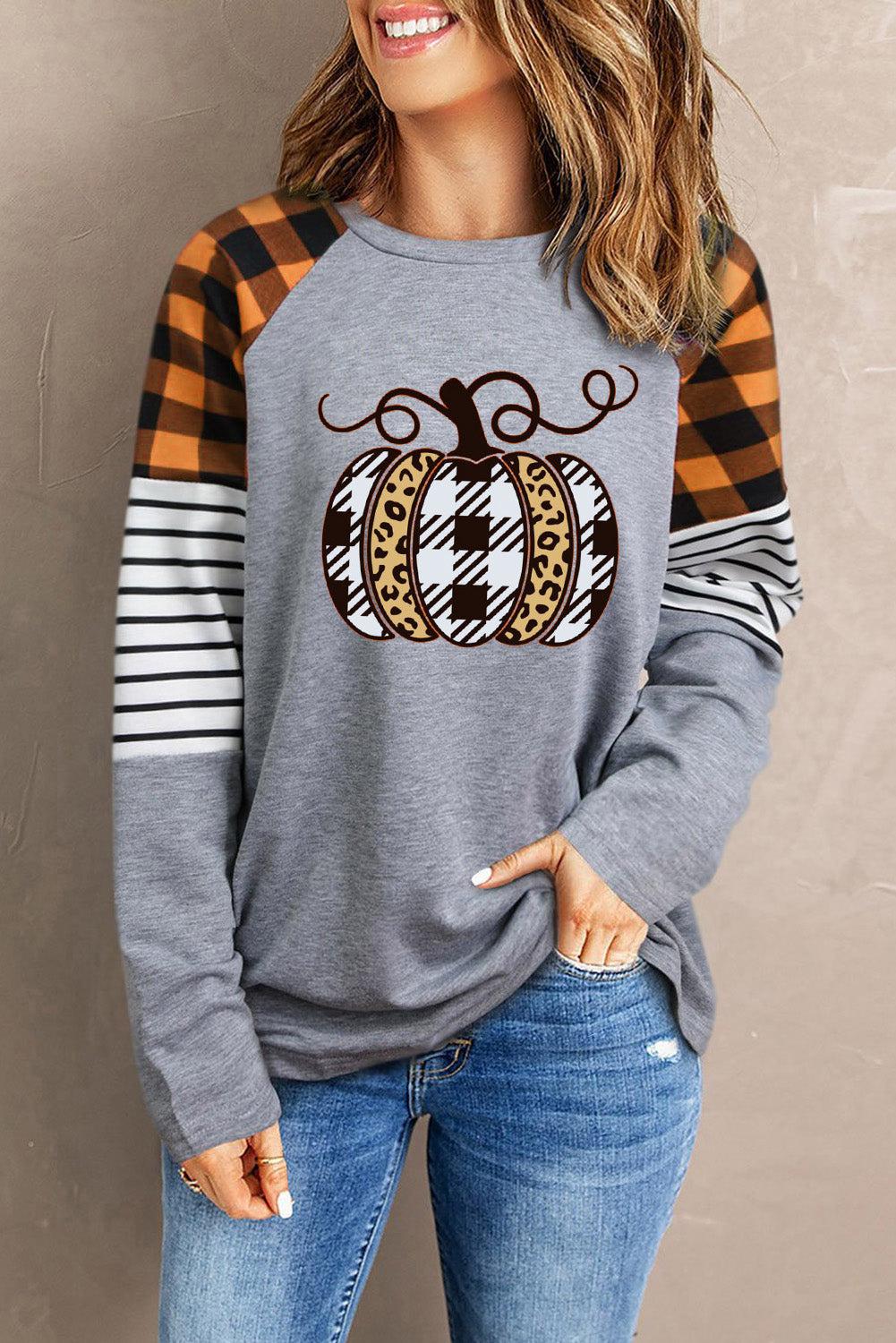 Round Neck Long Sleeve Pumpkin Graphic T-Shirt-TOPS / DRESSES-[Adult]-[Female]-Light Gray-S-2022 Online Blue Zone Planet