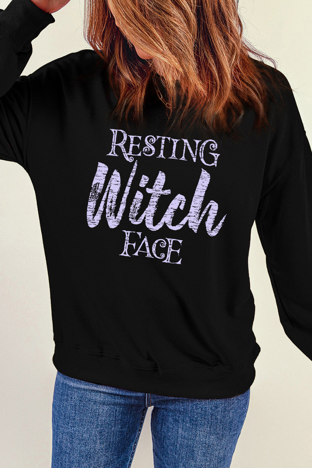 Blue Zone Planet |  Round Neck Long Sleeve RESTING WITCH FACE Graphic Sweatshirt BLUE ZONE PLANET