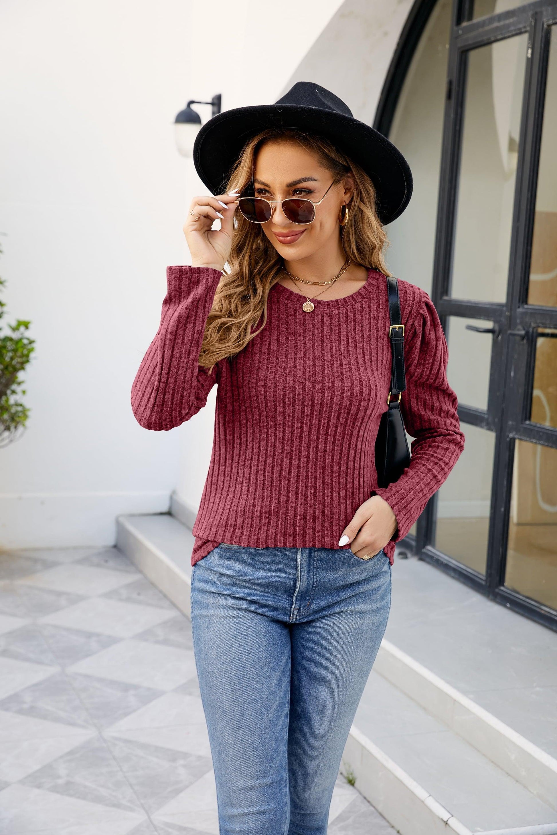 Round Neck Long Sleeve Ribbed Blouse BLUE ZONE PLANET