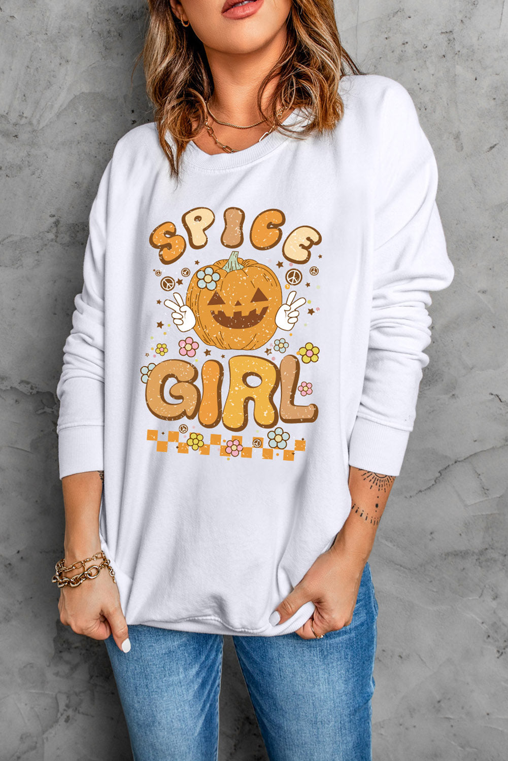 Round Neck Long Sleeve SPICE GIRL Graphic Sweatshirt BLUE ZONE PLANET