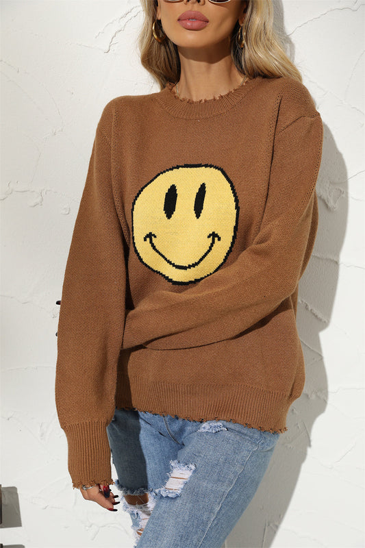 Round Neck Long Sleeve Smily Face Graphic Sweater BLUE ZONE PLANET